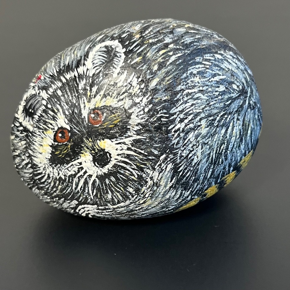 Signed Hand Painted River Rock Curled Raccoon Paperweight Woodland Vintage